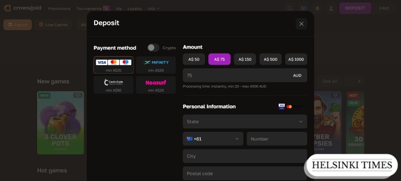 deposit in pokies casino