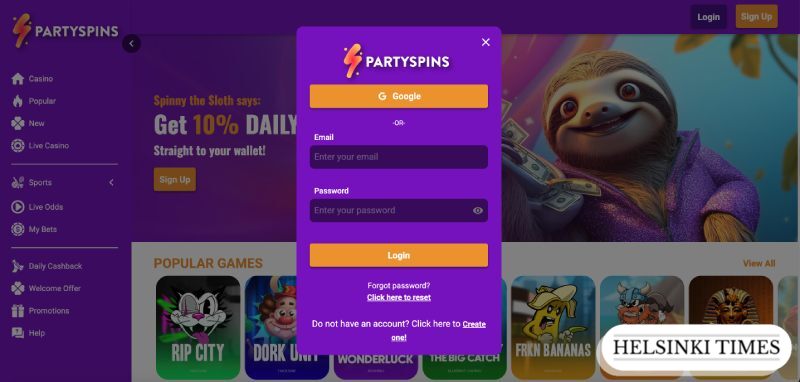 Register at Party Spins casino